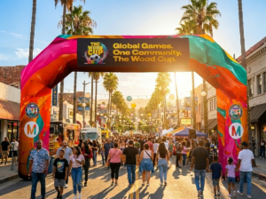 Colorful inflatable archway at The Wood Cup festival entrance with crowd and palm trees.