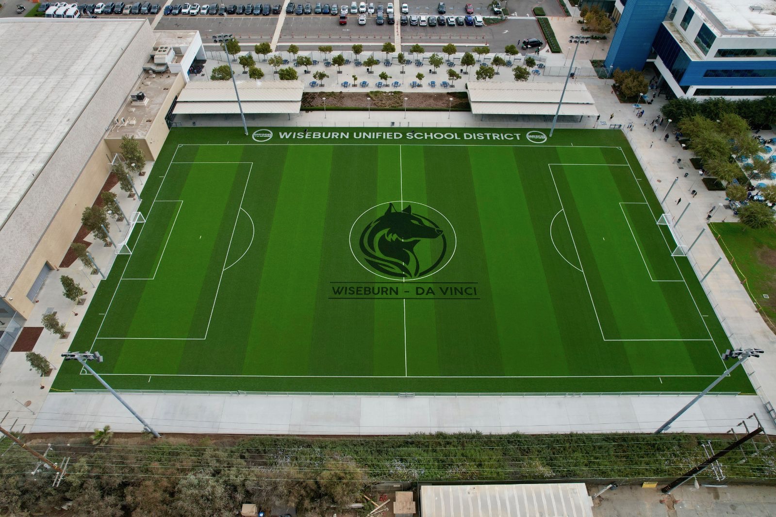 Aerial view of the Wiseburn Da Vinci High School athletic field.