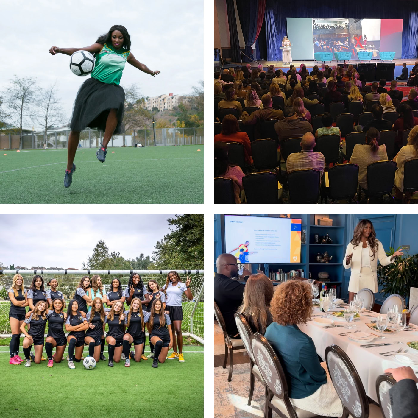Group of women soccer players, conference presentation, team photo, and business meeting.